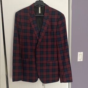 Zara Red and Blue Sport Coat with Modern Plaid Design